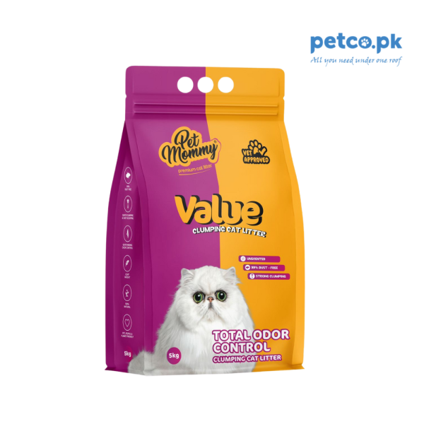 "Pet Mommy Value Clumping Cat Litter – Unscented, 5KG, Total Odor Control & Strong Clumping for a Cleaner Home."
