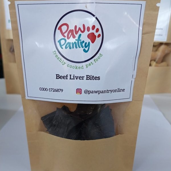 "Paw Pantry Beef Liver Bites – 100% Human Grade, Halal Dog Treats with No Preservatives or Added Sugar."